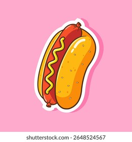 Sticker of delicious cartoon hot dog with mustard on a pink background