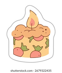 Ein Aufkleber, der eine Kerze mit einem Beerenmuster darstellt. Farbige handgezeichnete Clipart-Illustration.