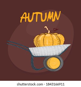 sticker depicting a garden cart with a pumpkin on a bright background