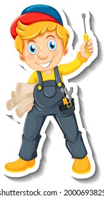 Sticker design with auto mechanic cartoon character illustration