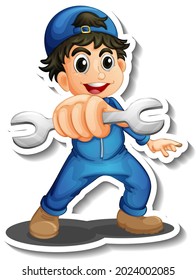 Sticker Design With Auto Mechanic Cartoon Character Illustration