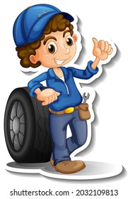 Sticker Design With Auto Mechanic Cartoon Character Illustration