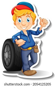 Sticker design with auto mechanic cartoon character illustration