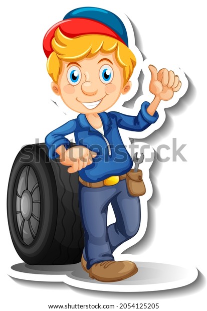 Sticker design with auto mechanic cartoon\
character illustration