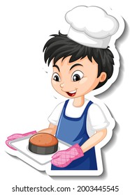 Diseño adhesivo con niño panadero sosteniendo la ilustración de la bandeja