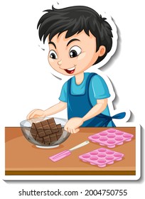 Sticker design with a baker boy holding chocolate bowl illustration