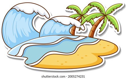 Sticker design with beach water wave isolated illustration