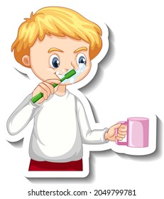 Sticker design with a boy brushing his tooth cartoon character illustration
