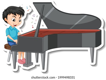 Sticker design with a boy playing piano illustration