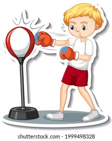 Sticker design with a boy punching bag cartoon character illustration