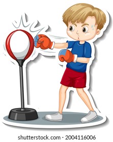 Sticker design with a boy punching bag cartoon character illustration