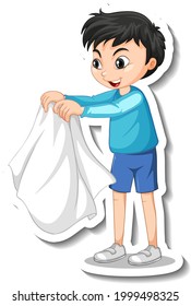 Sticker design with a boy take off his coat isolated illustration