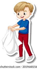 Sticker design with a boy take off his coat isolated illustration