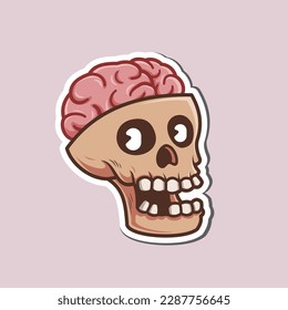 sticker design, brain with skull, cartoon style editable