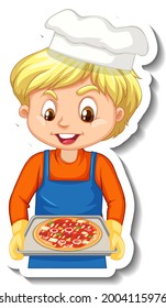 Sticker design with chef boy holding pizza tray illustration