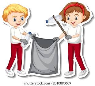 Sticker design with children collecting garbage illustration