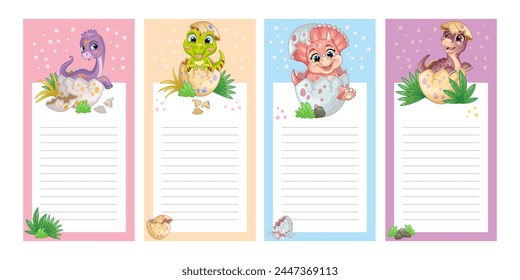 Sticker design with cute cartoon different dinosaurs. Kids schedule design template. Blank childish note stickers with colorful dino. Memo pad with dinos, Vector colorful illustration. Ready to print