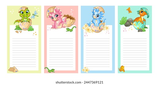 Sticker design with cute cartoon different baby dinosaurs. Kids schedule design template. Blank childish note stickers and memo pad with colorful dinos. Vector colorful illustration. Ready to print