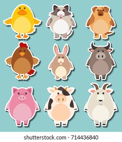 Sticker design for cute farm animals illustration