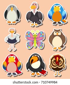 Sticker design with different kinds of birds illustration