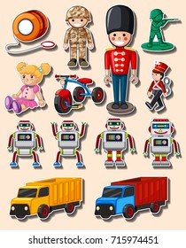 Sticker design with different toys and trucks illustration