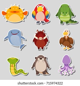 Sticker design with different types of animals illustration