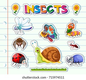 Sticker design with different types of insects illustration