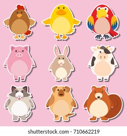 Sticker design with farm animals illustration