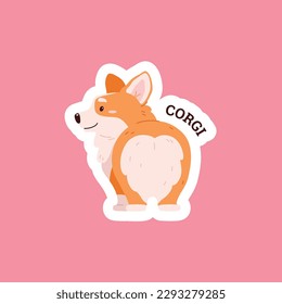 Sticker design with funny cute corgi standing with its back, flat cartoon vector illustration isolated on color background. Cute corgi dog for prints and decorations.