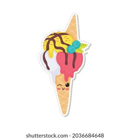 Sticker design of ice cream balls with chocolate toppings in waffle cone, flat vector illustration isolated on white background. Sticky label of summer print.