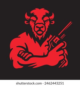 sticker design, image of a bison holding a gun.