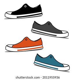 Sticker design with isolated illustration of different colored shoes
