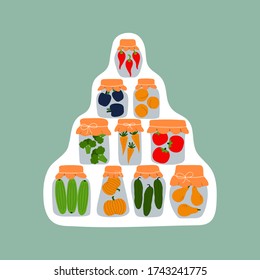 Sticker design with jars for pickling vegetables and fruits. Preserving vegetables and fruits. Fermented food. Vegetarian healthy production shop. Conservation of harvest.