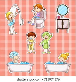 Sticker design with kids doing things in bathroom illustration