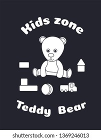 Sticker for the design of the kids zone. Teddy bear and toys, cubes, ball, auto. Suitable for a logo toy shop, a design cut plotter, decor glass. Black and white vector illustration
