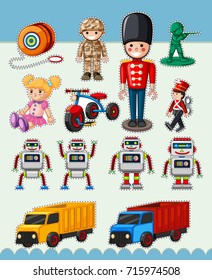 Sticker design with many types of toys illustration