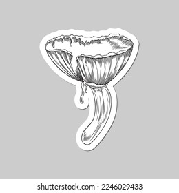 Sticker design with poisonous toxic toadstool mushroom forest plant, vintage monochrome hatching or engraving style vector illustration isolated on grey background.