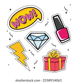 sticker design pop art element nail polish, diamond, gift, wow, Vector illustration design 