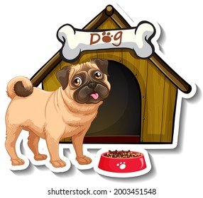 Sticker design with pug standing in front of dog house illustration