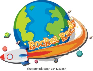 Sticker design for rocket racer with spaceship around the earth illustration