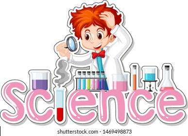 Sticker design with scientist doing experiment illustration