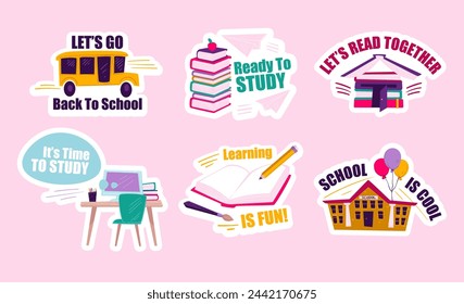 Sticker design set with back to school concept. Cartoon school bus, books, study place with sign, tag collection, vector illustration. Creative education label with colorful elements