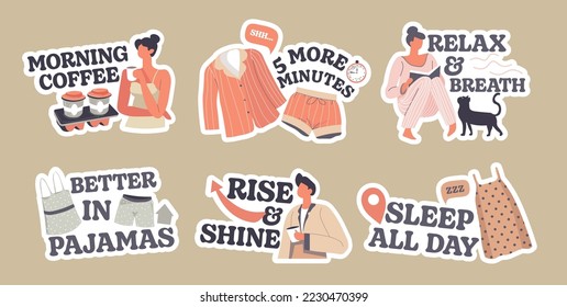 Sticker design set with comfortable morning concept. Flat man woman character waking up with coffee, tag collection, vector illustration. Rise and shine, relax and breath sign at label