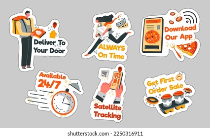Sticker design set with delivery application. Flat man woman character deliver food on time, tag collection. Download app, get first order sale offer, satellite tracking option promotion