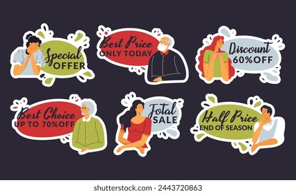 Sticker design set with flat people character