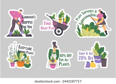 Sticker design set with gardening store offer