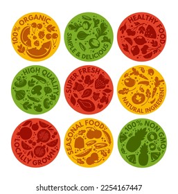 Sticker design set with organic product concept. Colorful round tag collection with silhouette fruit, vegetables product, vector illustration. Healthy seasonal food label, package decoration