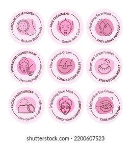 Sticker design set for skin care products. Tag for face treatment, unclog pores and reduce blackheads, vector illustration. Anti aging formula sign at hydrating face mask label, dermatologist proven