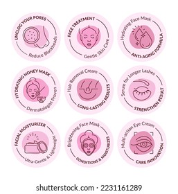 Sticker design set for skin care products. Tag for face treatment, unclog pores and reduce blackheads, vector illustration. Anti aging formula sign at hydrating face mask label, dermatologist proven