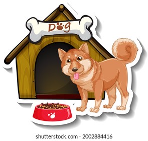 Sticker design with shiba inu standing in front of dog house illustration